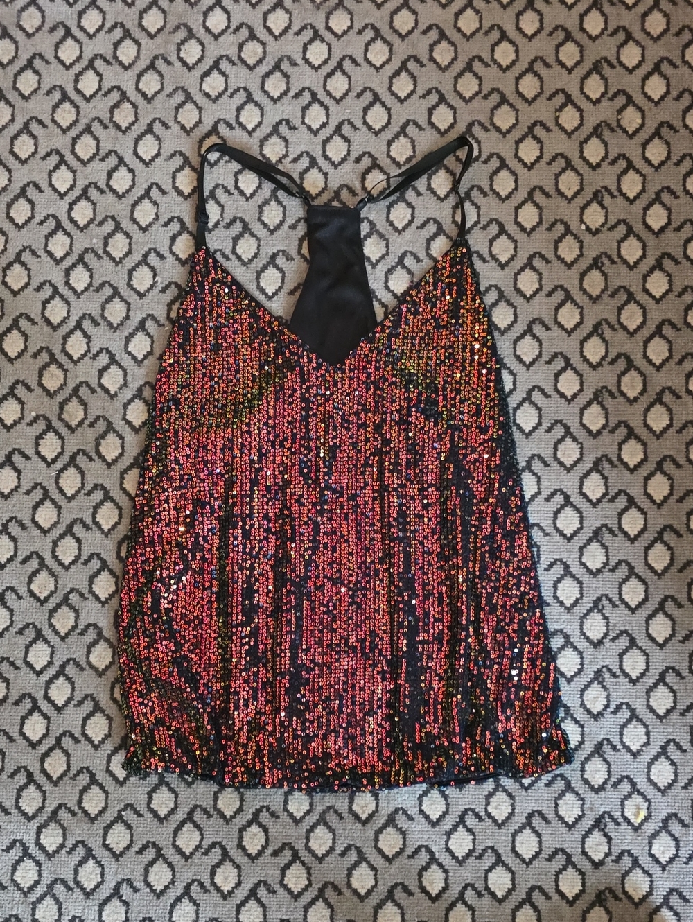 Sequin Cami Tank Top - Black with Red Iridescent Sequins